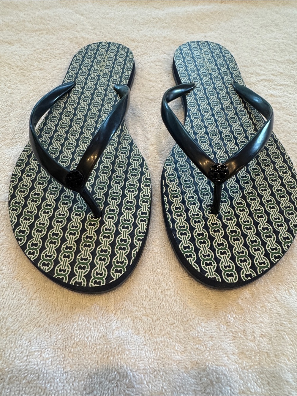 Tory Burch Navy Patterned Flip-Flop Sandals with Navy Straps